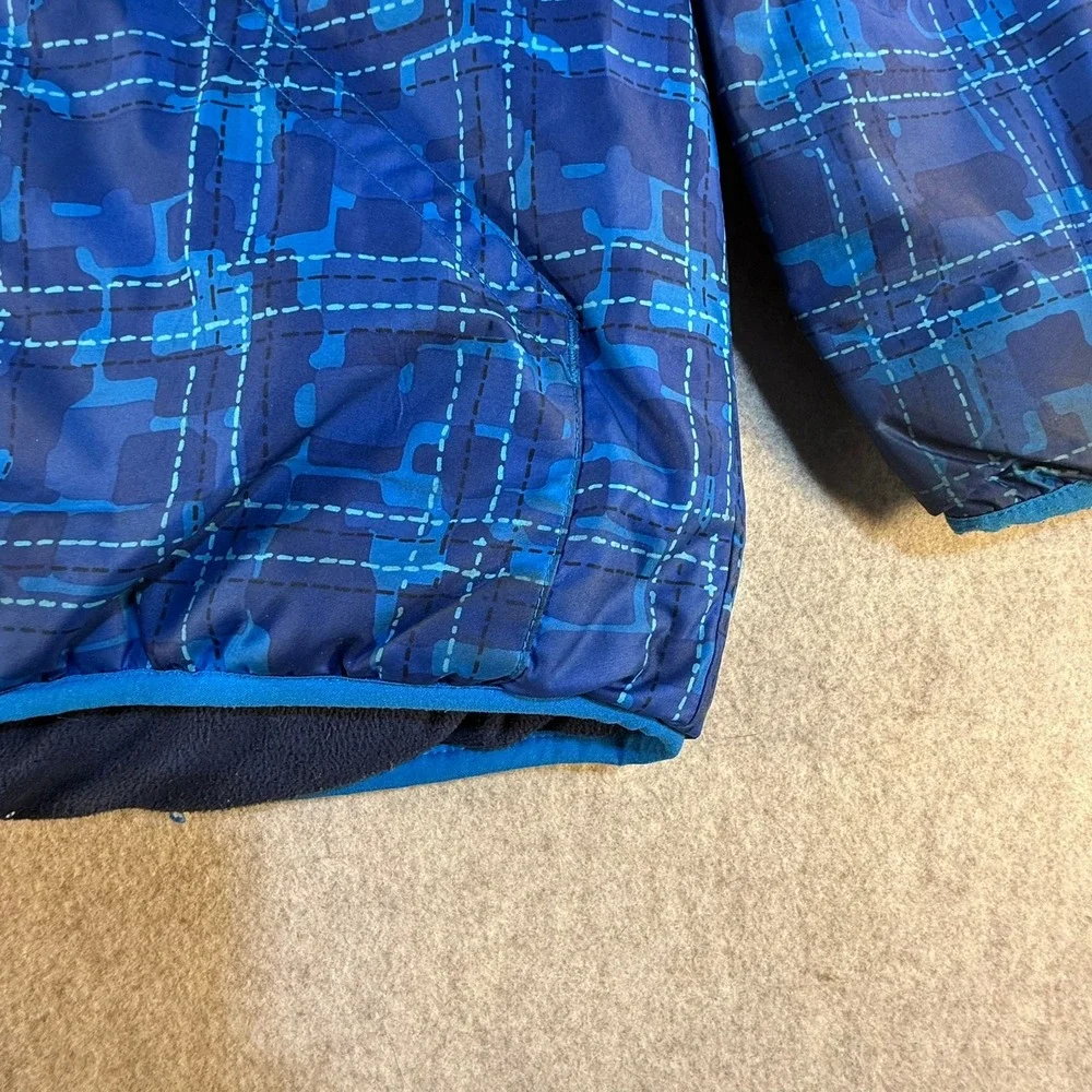 Columbia Boys Reversible Puffer Jacket Blue Camo Grid Fleece Hooded Full Zip